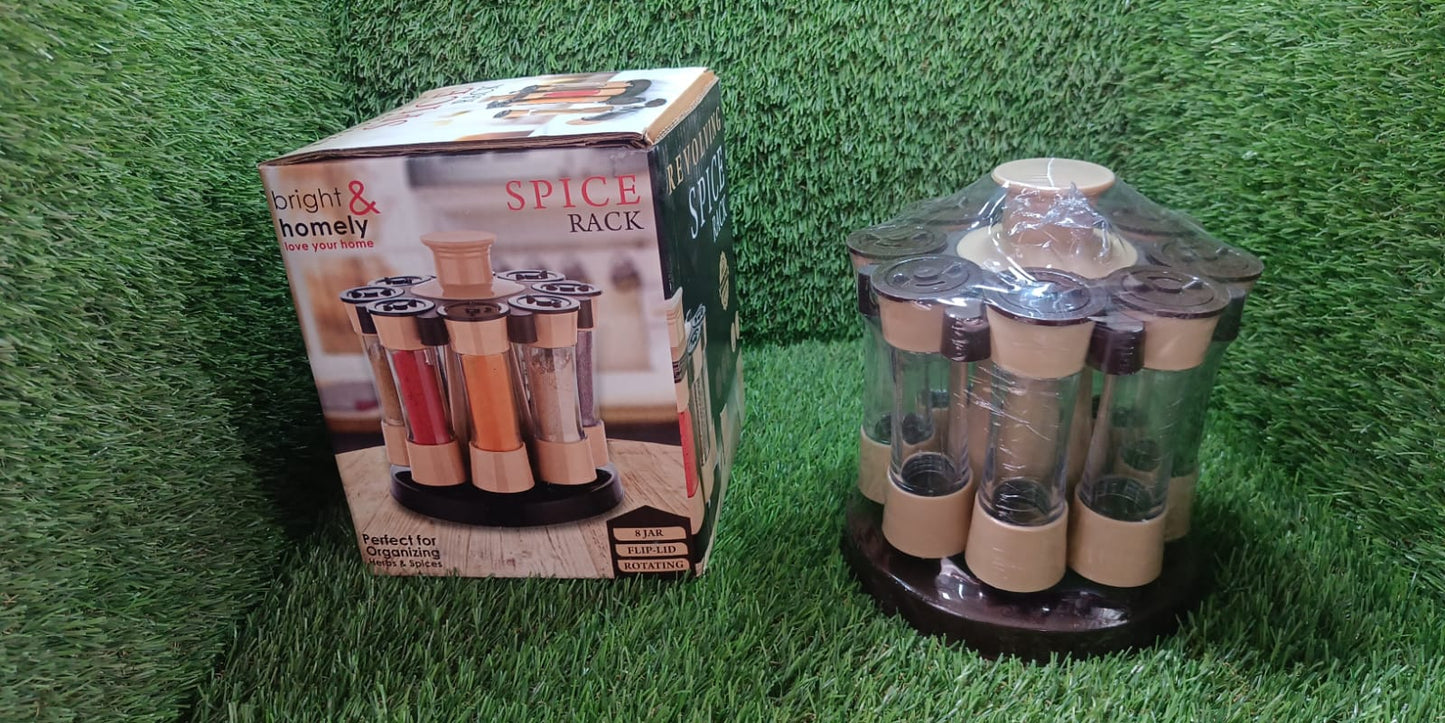 Click Baazar 8 jar condiment holder with sleek design and rotating base for easy access.