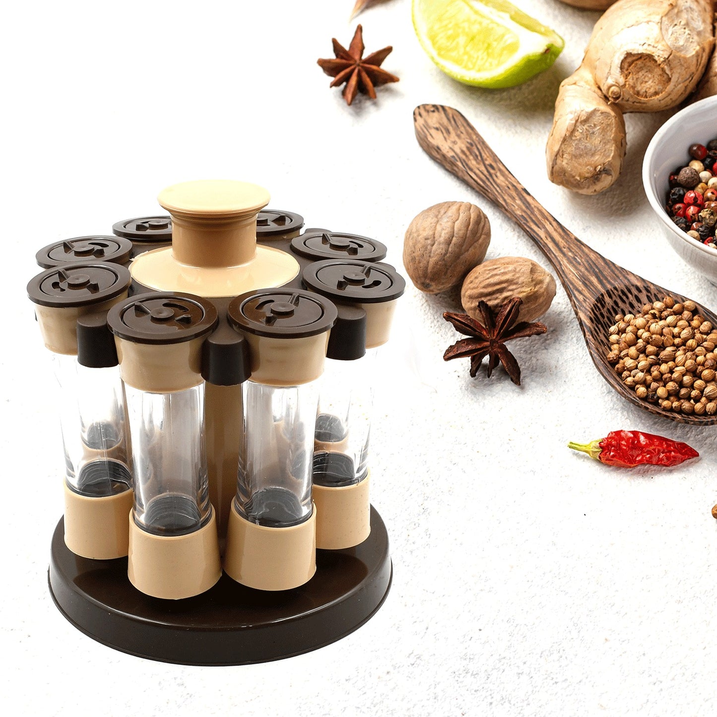 Click Baazar 8 jar condiment holder with sleek design, perfect for organizing spices and herbs in the kitchen